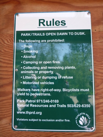 No dogs, smoking, alcohol, camping, fires, collecting plants/animals, littering, dumping garbage and motorized vehicles